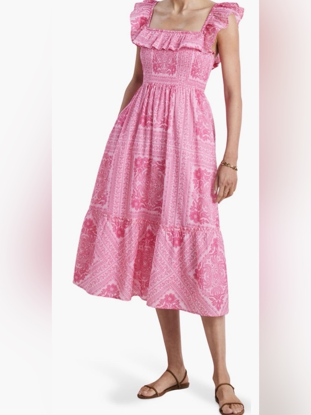 Vineyard Vines Dress Pink Ruffled Square-Neck Smocked Midi